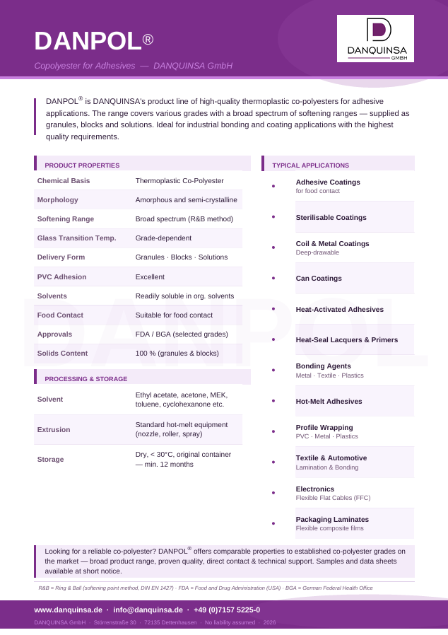 Thermoplastic co-polyesters for adhesives, coatings, and technical composite solutions.